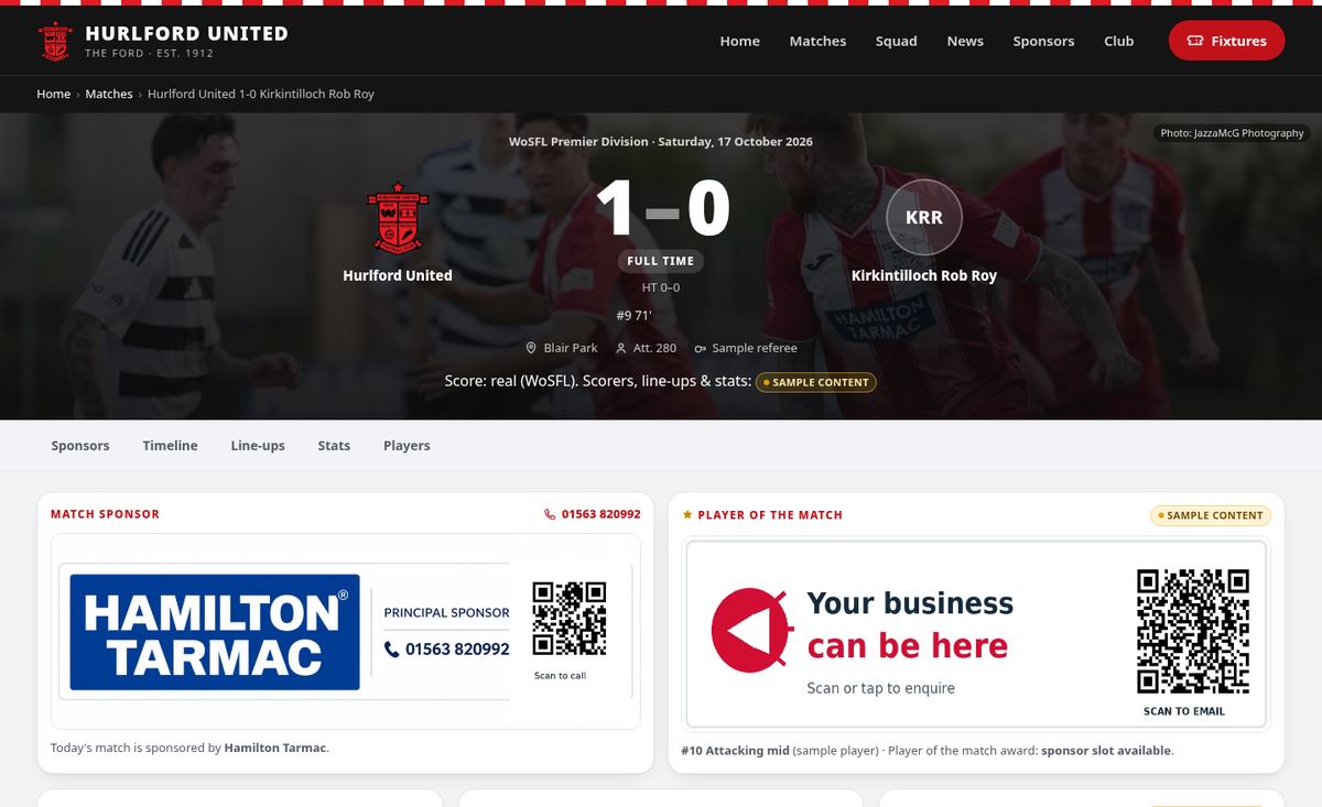 Hurlford United match page with Hamilton Tarmac as match sponsor and a 'Your business can be here' sponsor slot